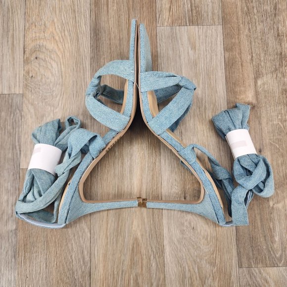 Shoe Dazzle Stage Queen Women's Sz 10 Blue Denim Ankle Tie Square Toe High Heels - Picture 7 of 9